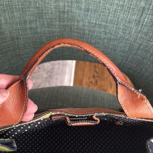 Kate Spade large Navy blue and Brown leather Tote with Floral Accents polka dots - Picture 12 of 15